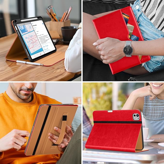 DTTO for iPad Pro 11 inch Case (M5/M4) 2025/2024, Premium Leather Business Folio Stand Cover with Pencil Holder - Auto Wake/Sleep and Multiple Viewing Angles, Bright Red