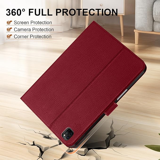 Genuine Leather Case for iPad Pro 11 Inch 4th/3rd/2nd/1st Generation 2022/2021/2020/2018 | with Pencil Holder and Adjustable Stand, Magnetic Closure, Auto Wake/Sleep Cover | Wine Red