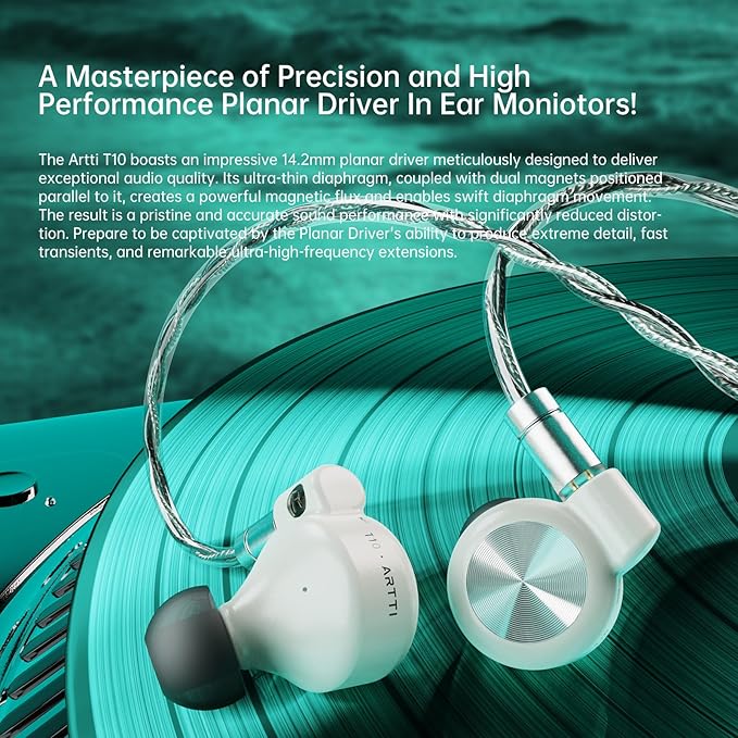 ARTTI T10 Wired Earbus, in-Ear Headphones, HiFi IEM Monitor Earphones, 14.2mm Dual Magnetic Circuit Planar Driver, Gaming Earphone for Musician Singer Audiophile (3.5mm Plug)