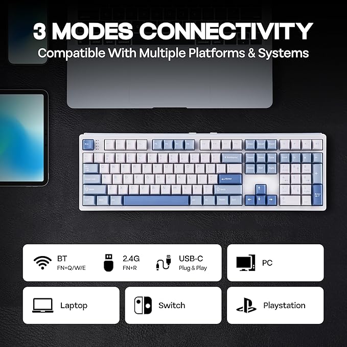 MechLands EPOMAKER TH108 Full Size Mechanical Keyboard, Wireless Gaming Keyboard, 8000mAh Battery, Creamy Gasket, 108 Keys, Hot Swap, Custom Driver, RGB Backlights (Blue&White, Creamy Jade Switch)