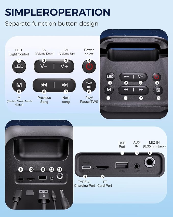 Bluetooth Speaker，Portable Party Speaker with Colorful Lights，Wireless Speaker with HD Loud,Home Theater Systems Support TWS/AUX/USB/TF Card Ideal for Party,Home,Outdoor Camping