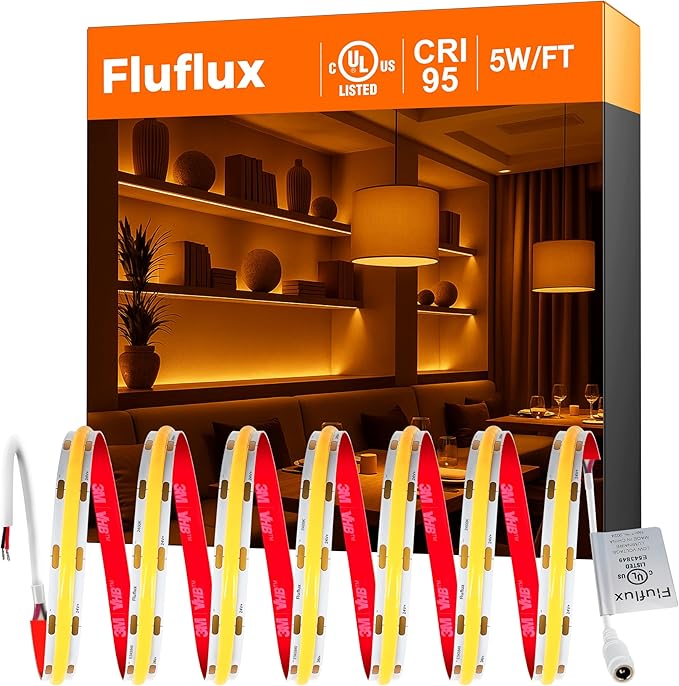Candlelight COB LED Strip Lights 2400K, 5W/FT, 32.8FT 24V LED Tape Light with 3M VHB Backing, CRI 95, UL Listed, Cuttable, Dimmable, Bendable for Bars, Restaurants, Relaxing (NO Power Supply)