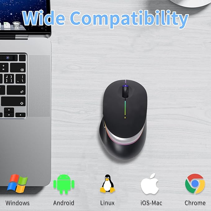 Ergonomic Wireless Bluetooth Mouse Vertical Rechargeable Silent Portable Ergo Mice with RGB Light & 2.4G USB Receiver,Dual Mode,for PC/Laptop/Computer/Desktop/Tablet/MacBook,Office Work Gift-Black