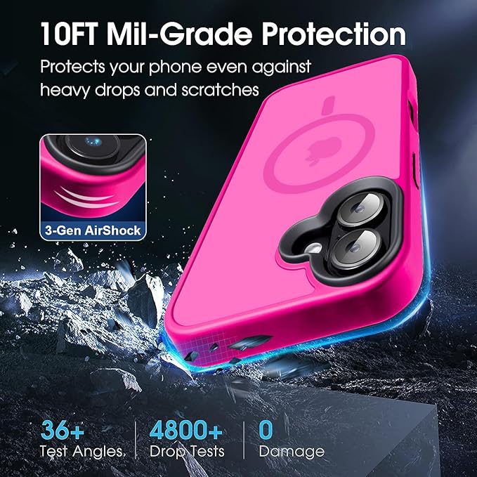 Strong Magnetic Case for iPhone 16 Case [5X-Grade Drop Tested & Compatible with MagSafe] Translucent Anti-Fingerprint Shockproof Protective Cover 6.1 Inch,Hot Pink