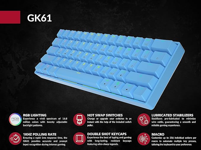 GK61 Mechanical Gaming Keyboard - 61 Keys Multi Color RGB Illuminated LED Backlit Wired Programmable for PC/Mac Gamer (Gateron Optical Brown, Blue)