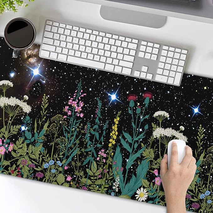 Black Aesthetic Wildflower Large Mouse Pad XL Space Galaxy Weeds Herb Cute Floral Extended Desk Mat Big 80X30 CM Non-Slip Rubber Base Stitched Edge Long Mousepad,31.5×11.8 Inch