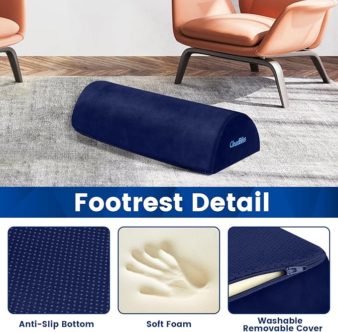 CloudBliss Foot Rest for Under Desk at Work,Office Desk Accessories with Soft Foam and Washable Removable Cover, Foot Stool for Office, Car, Home to Foot Support and Relax Ankles, Blue