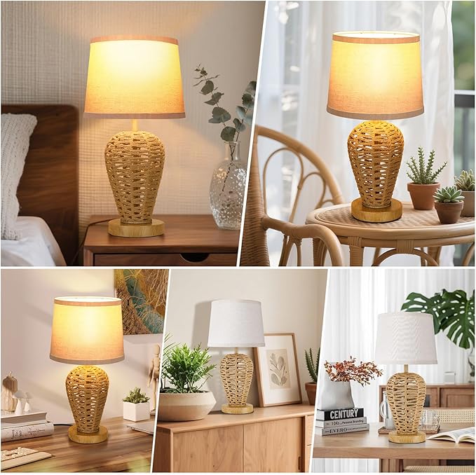 Boho Table Lamp,Touch Control & 3 Way Dimmable,100% Hand Woven Rattan Coastal Farmhouse Bedside Nightstand Lamp for Bedroom, Living Room, Office (2700K Bulb Included)