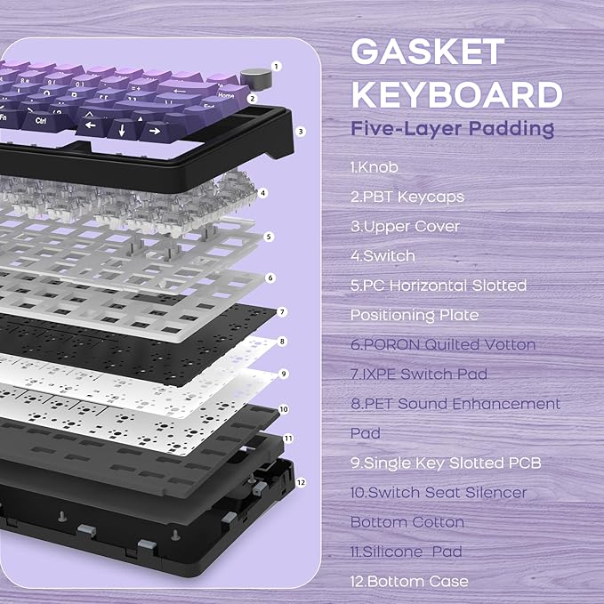 Yindiao Attack Shark X85 Wireless Mechanical Keyboard, TKL 82 Keys Bluetooth 5.0/2.4GHz/Wired Gaming Keyboard,Gasket Structure,Knob,RGB Hot Swappable Custom Keyboard for PC/Mac/PS4/Xbox(Purple)