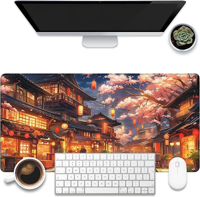 Desk Pad, Japanese Anime Night Street Scene Desk Mat, Anime Street Scene Large Gaming Mouse Pad, 31.5"x15.7" Extended Big Computer Mouse Pad with Non-Slip Base and Stitched Edge