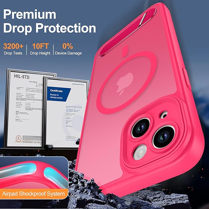 Magnetic Compatible with iPhone 15 Plus Case, [Built-in Kickstand][Full Camera Protection][Compatible with MagSafe][Anti-Fingerprint] Shockproof Phone Case for iPhone 15 Plus 6.7",HotPink