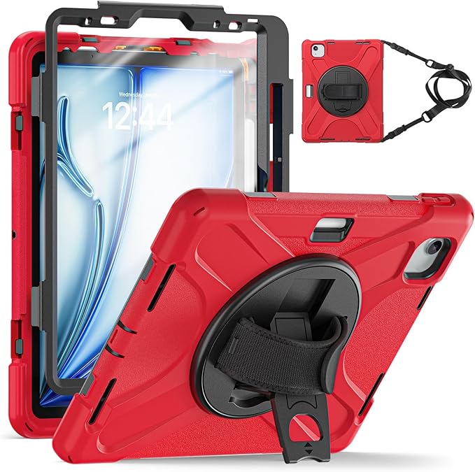 TSQQST Case for iPad Air 11 Inch M4 2026/M3 2025/M2 2024, Cover for iPad Air 5th 4th Generation 10.9"/Pro 11 4th/3rd/2nd/1st Heavy Duty Shockproof Case with Screen Protector+Stand+Hand Strap, Red