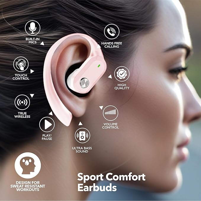RCA Wireless Earbuds Bluetooth 5.3 Headphones Sport Sweat Resistant Sports Earphones with Earhooks,48H Playtime,Lightweight 7.8g,Fast Charging Case,Noise Cancelling Mic for Running Gym Workout-Pink