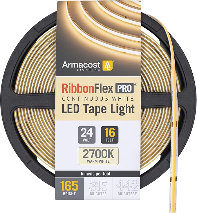 Armacost Lighting RibbonFlex Pro 24V White COB LED Strip Light Tape 2700K, 165 Lumens/Ft, 5M 171130