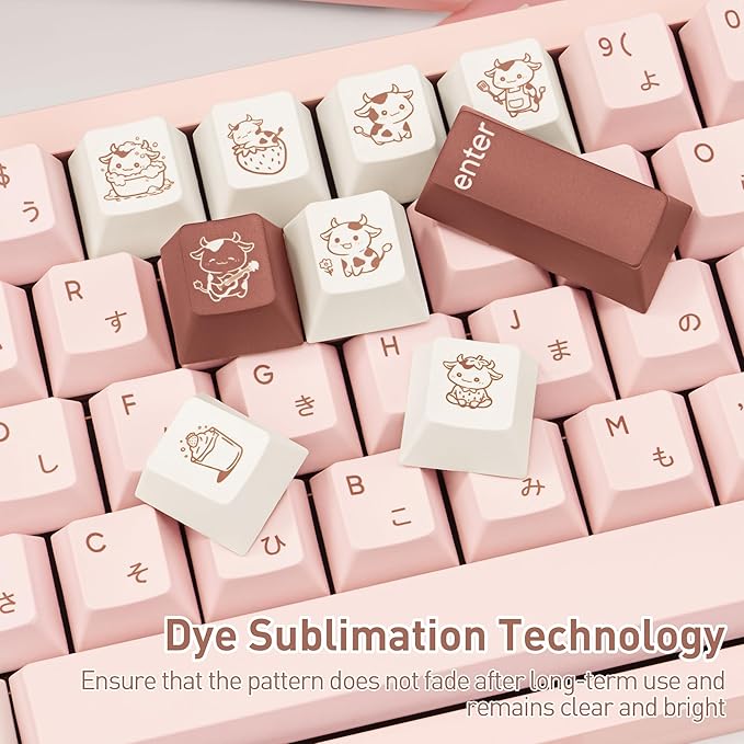 Milk Strawberry Cute Pink Keycaps, 134 Keys PBT Dye-Sublimation Keycaps, Cherry Profile Japanese Keycap, Compatible with 60% 65% 75% 80% 100% Mechanical Keyboard