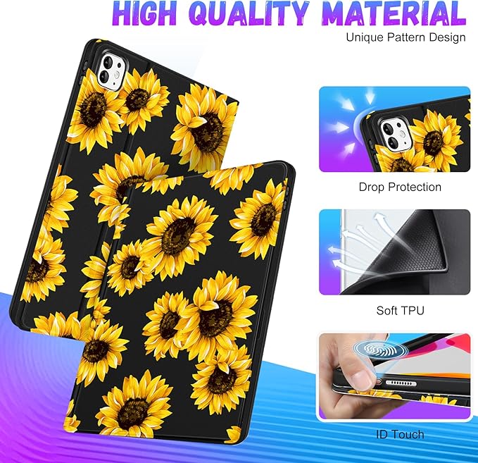 Uppuppy for iPad Pro 13 Inch Case 2024 - Women Girls Cute Folio Smart Cover with Pencil Holder Sunflower Girly Pretty Unique Aesthetic for iPad Pro M4 13 Inch Cases A2925 A2926 A3007
