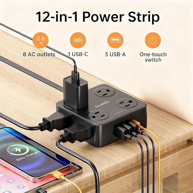 Flat Plug Power Strip with USB C, 6.5FT Flat Extension Cord - 8 AC Outlets and 4 USB(1 USB C), Power Strip with Surge Protector, Wall Mount Charging Station Office Home (Black, 15 FT)