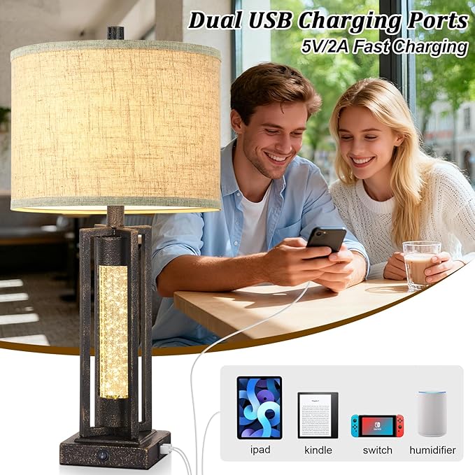TOBUSA 26’’ Vintage Table Lamps for Living Room Set of 2, Rustic Lamps for Bedroom with 2 USB Ports and Crystal Night Light, Farmhouse Bedside Lamps with Linen Shade for Night Stands End Table, Bronze