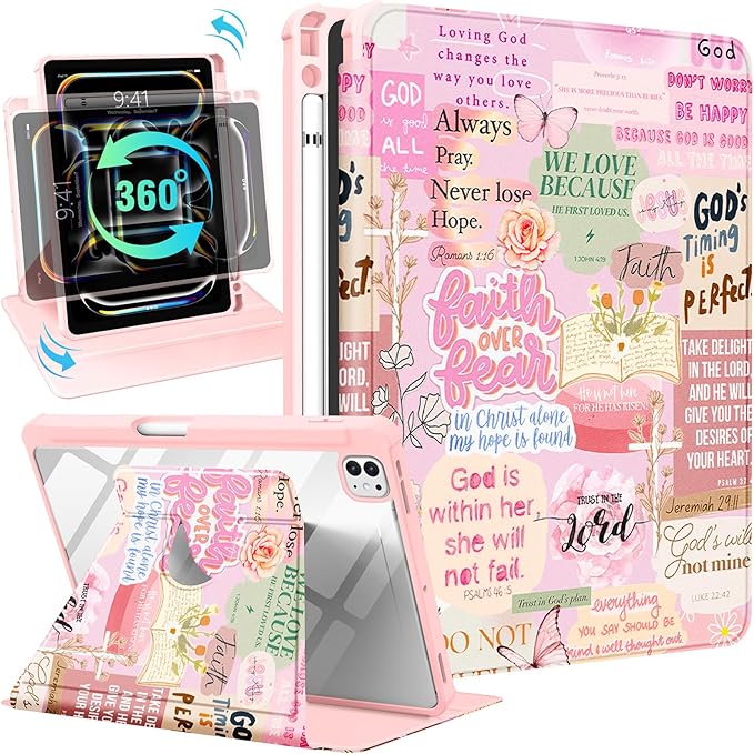 Uppuppy for iPad Pro M4/M5 Case 13 inch - 360 Degree Rotating Stand Folio Smart Cover with Pencil Holder for Women Girls, Christian Words for iPad Pro 13 inch Case 2024 M4/2025 M5