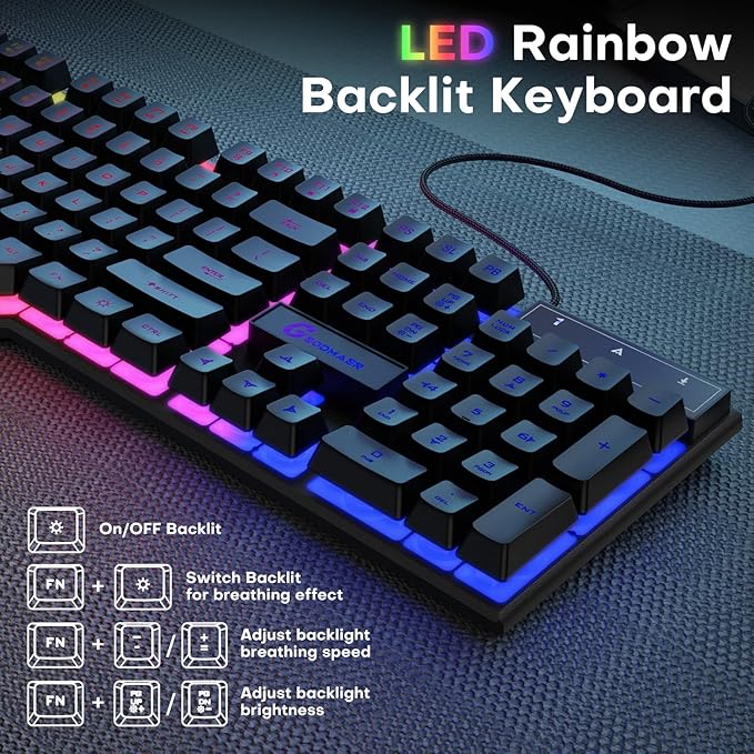 GEODMAER 104 Keys Gaming Keyboard, Full Size LED Backlit Wired Keyboard with Multimedia Keys, Anti-Ghosting, Spill-Resistant Membrane Gaming Keyboard for PC Laptop