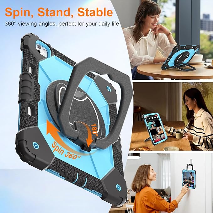 Case for iPad Pro 13 Inch M5 2025/ M4 2024, Ubearkk for iPad Pro 13 Inch case with Screen Protector, 360 Degree Rotating Stand Shoulder Strap Pencil Holder,Military Grade Shockproof, Black Blue