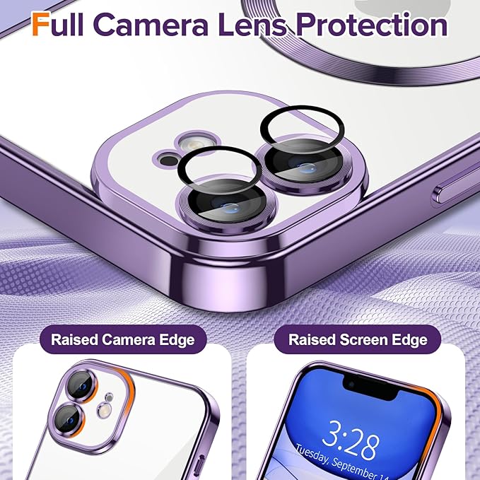 Hython Magnetic Clear for iPhone 11 Case with Camera Lens Protector [Compatible with MagSafe] Luxury Plating Edge Slim Soft TPU Cover Protective Phone Case for iPhone 11 6.1", Deep Purple