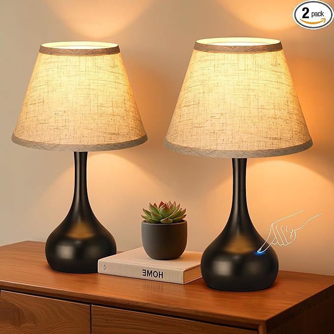 17” Touch Table Lamp for Bedroom Set of 2, 3-Way Dimmable Bedside Lamp for Nightstand, Farmhouse Metal Desk Lamp with Linen Shade for Living Room, Kids Reading, Dorm, Home Office Decor, Bulb Included