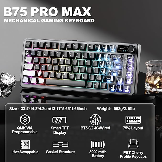YUNZII B75 PRO MAX QMK/VIA Wireless Mechanical Keyboard,75% Layout with Screen and Knob,Custom Hot Swap Gasket,Creamy Pre-lubed Switches,Bluetooth/Type-C/2.4G for Win/Mac (Black,Cocoa Cream V2 Switch)