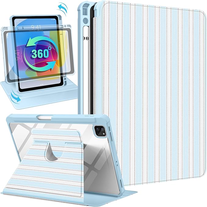 Uppuppy for iPad Air 13 inch Case(Air M4 2026/M3 2025/M2 2024), for iPad Pro 12.9 Case(6th/5th/4th/3rd/2nd/1st Gen) - 360 Rotating Smart Folio Cover with Pencil Holder for Women Girls, BW Stripes