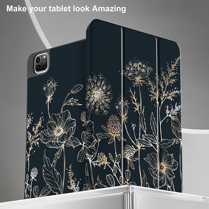 May Chen Case for iPad Pro 11 inch (4th, 3rd, 2nd & 1st Gen) 2022 2021 2020 2018, Trifold Stand + Pencil Holder + Auto Wake/Sleep + Soft TPU Protective Stand Back Cover, Abstract Floral