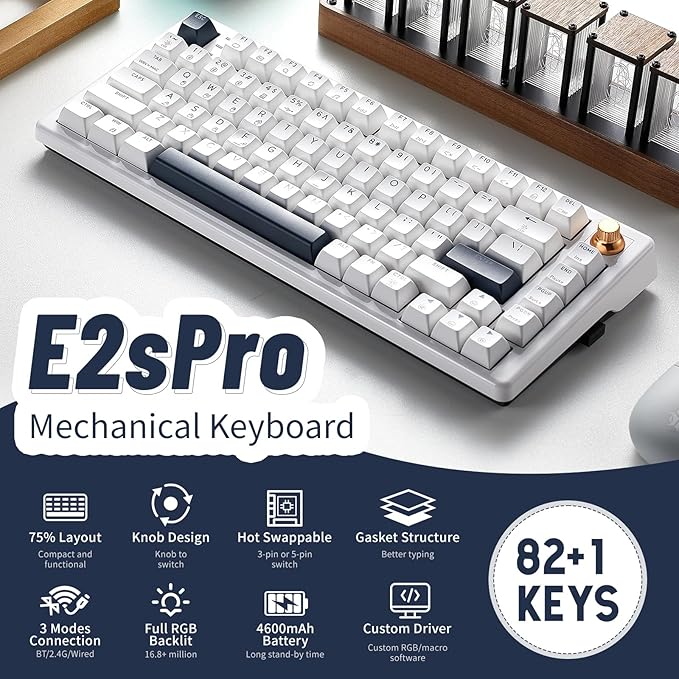 Wireless Mechanical Keyboard with Wrist Rest, Hot Swappable Custom Keyboard with Knob, RGB Backlit, Pre-lubed Clicky Switches, 2.4GHz/USB-C/BT5.0 Mechanical Gaming Keyboards for Win/Mac (White)