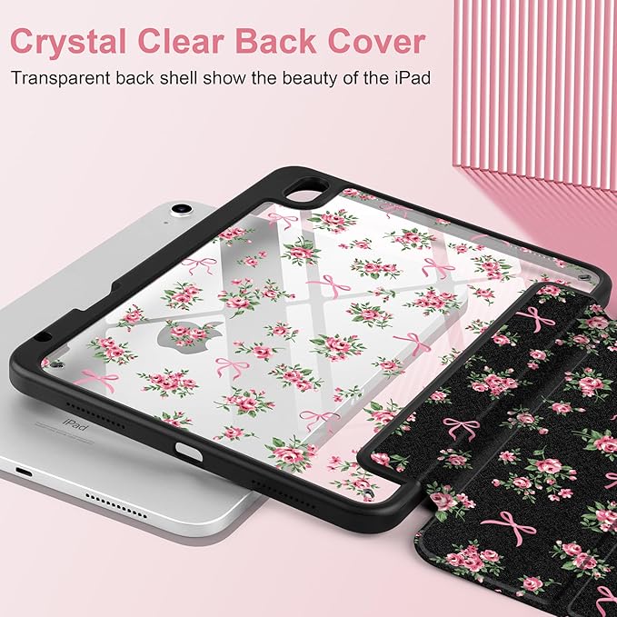 Case for iPad Air 11 inch M4 2026 M3 2025 M2 2024,iPad Air 5th (2022) / 4th (2020) 10.9 Inch Clear Back Shell Lightweight Shockproof TPU Edge Trifold Stand Auto Wake Sleep Cute Cover, Roses