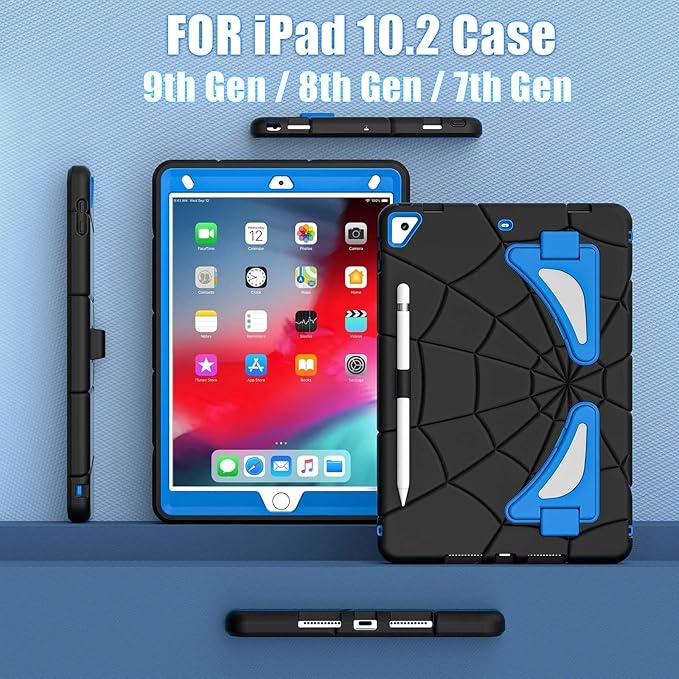 AKABEILA Compatible with Apple iPad 10.2 7th 8th 9th(2019/2020/2021) Tablet Case，Lightweight Shockproof Rugged Protective Cover with Kickstand for Kids Children Boys Babies Black Blue
