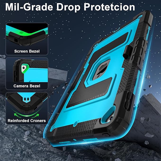 Kids Friendly Case for Apple iPad 10.2" 9th 8th 7th Generation 2021/2020/2019 Case with Pencil Holder & Shoulder Strap, Military Grade Shockproof Kickstand Hard Shell Protective Cover,Black+Blue