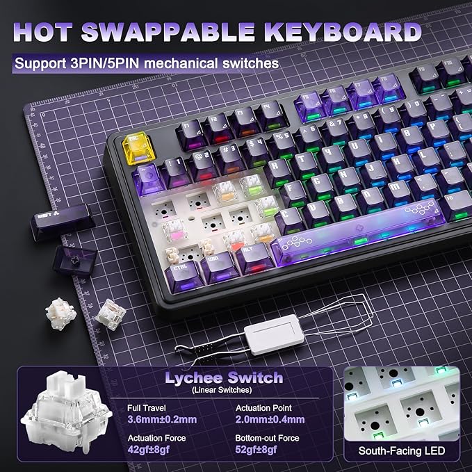 AJAZZ AK980 V2 Pro Wireless Mechanical Keyboard, 10000mAh Battery & Dual 8000Hz Polling Rate,Tri-Mode Gaming Keyboard with Smart Display/Knob, Hot Swappable for Win/Mac (Purple,Lychee Switch)
