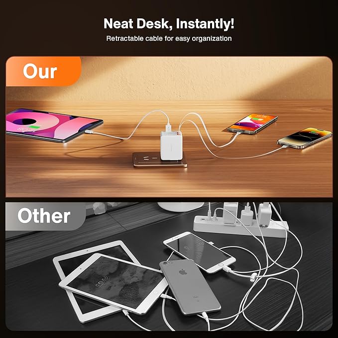 iVANKY Smallest 4-in-1 Retractable GaN Wall Charger for iPhone 17 Air, 45W USB C Charger Block with Dual USB C Cables, Fast Charging Samsung, 4-Port Adapter for 16/15/14 Pro Max, MacBook Neo