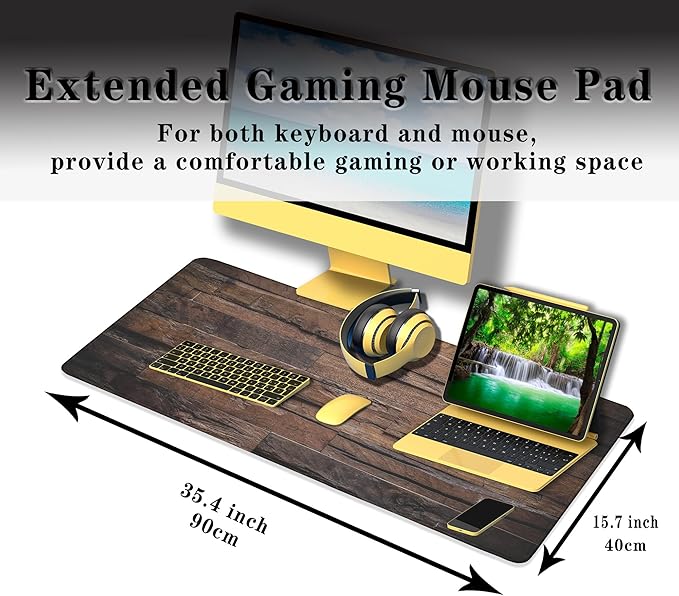 Gaming Mousepad Computer Desk Pad, Computer Desk Mats XXL Mouse Pad, Pc Gaming Mat Waterproof Non-Slip Rubber Base, 35.4" X 15.7" for Work/Game/Office Dark Wood, Vintage Natural Wooden Board