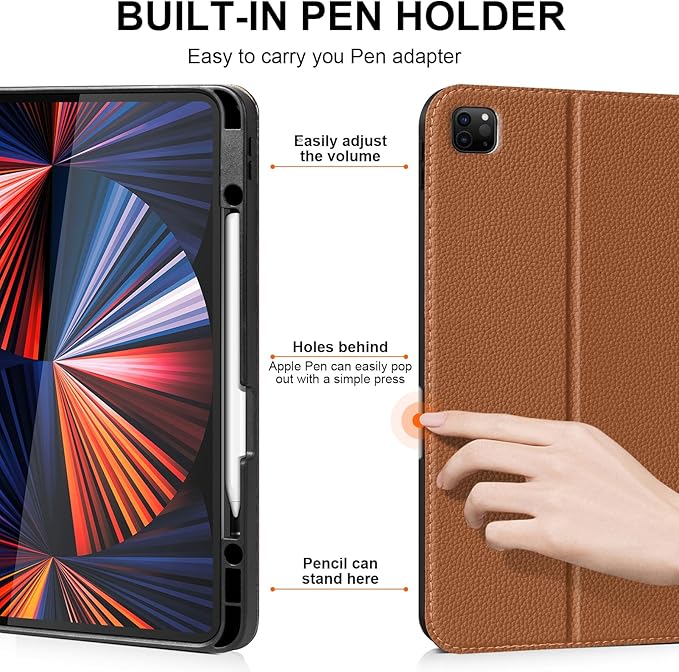 for iPad Pro 12.9 6th /5th /4th /3rd Generation Case 2022/2021/2020/2018, Premium Leather Folio Stand Cover with Built-in Apple Pencil Holder -Auto Wake/Sleep and Multi Viewing Angles,Brown