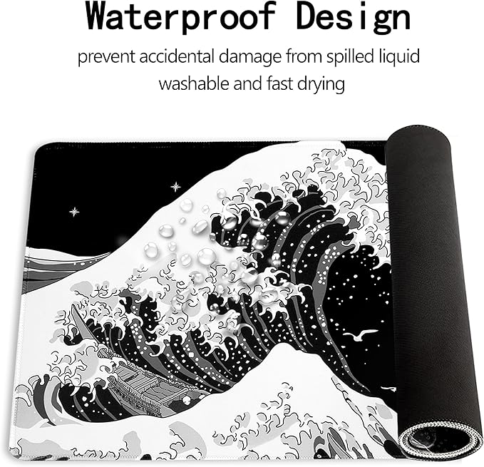 MEWOOCUE® Gaming Mouse Pad for Desk,Large Sea Wave Mousepad Laptop,Black White Japanese Anime Mouse Mat,Long XXL Waterproof Keyboard Pads,Big Non-Slip Mouse Pads for Game Office Home（31.5 x 11.9 in）