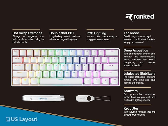Ranked N60 Nova 60% Form Factor | Hot Swappable Mechanical Gaming Keyboard | 61 Keys Multi Color RGB LED Backlit for PC/Mac Gamer (White, Gateron Blue)