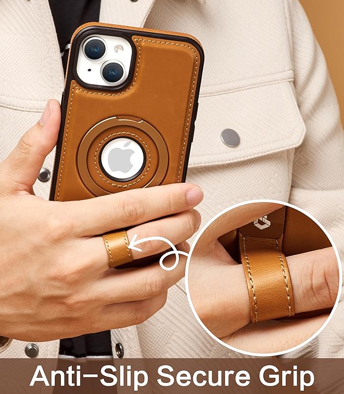 Butaiga for iPhone 14 /iPhone 13 Leather Case with Stand, Anti-Slip Grip Ring, Fits for MagSafe (Brown, iPhone 14/13)
