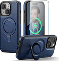 for iPhone 15 Plus Case with Stand, Compatible with MagSafe, Slim PU Leather & Durable TPU Protective Magnetic Kickstand Cover Drop-Proof with Tempered Glass Screen Protector 6.7", Blue