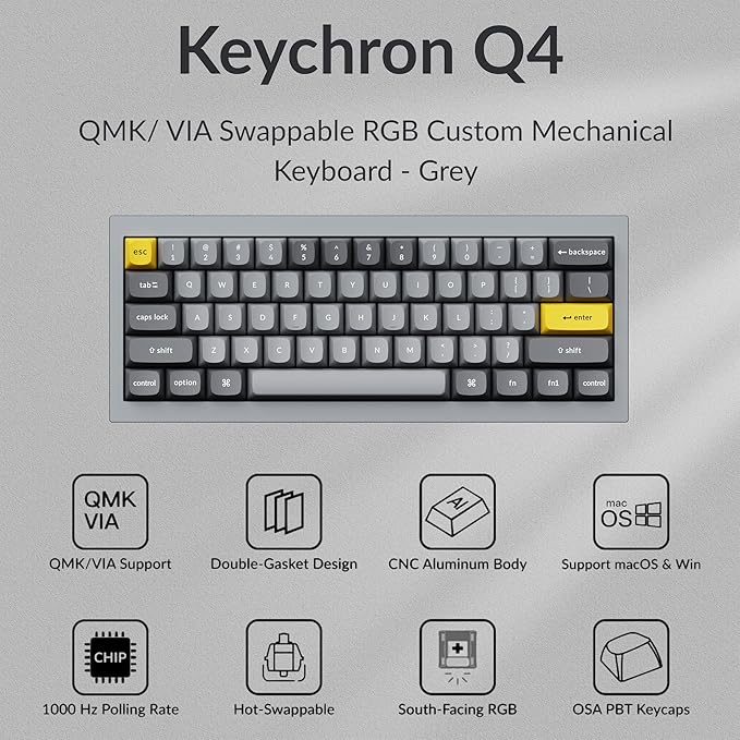 Keychron Q4 Wired Custom Mechanical Keyboard, 60% Layout QMK/VIA Programmable Macro with Hot-swappable Gateron G Pro Red Switch Double Gasket Compatible with Mac Windows Linux (Gray)