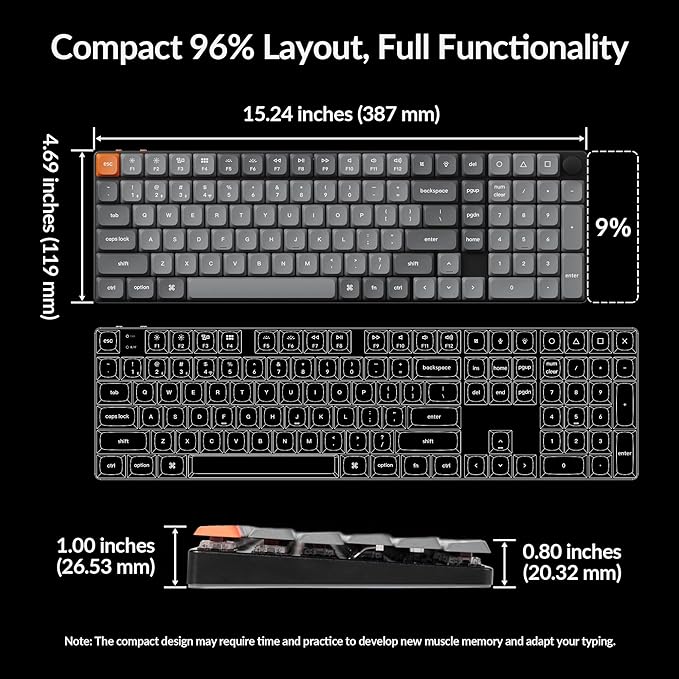 Keychron K17 Max 96% Layout QMK/Launcher Ultra-Slim Wireless/Type-C Wired Mechanical Keyboard with White LED Backlit, Low-Profile Gateron Mechanical Red Switch Compatible with Mac Windows Linux