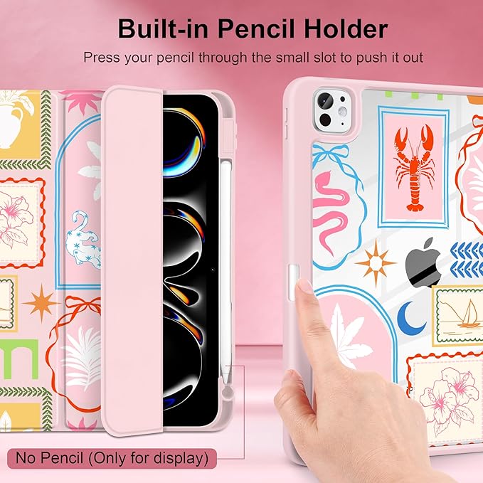 Case for iPad Pro 11 inch (M5) 2025 (M4) 2024 Release Slim Lightweight Cute Light Pink Cover with Clear Back TPU Edge Pencil Holder Trifold Stand, Creative Collage