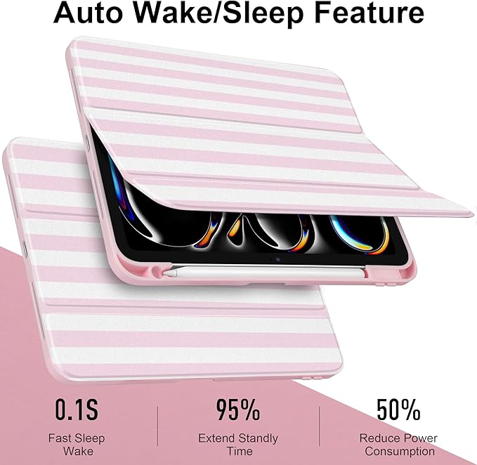 Case for iPad Pro 13 inch (M5) 2025 (M4) 2024 Release with Pencil Holder -Cute Pink White Striped Trifold Cover with Clear Back Auto Sleep/Wake, Aesthetic Soft Protective Skin for Girls Women