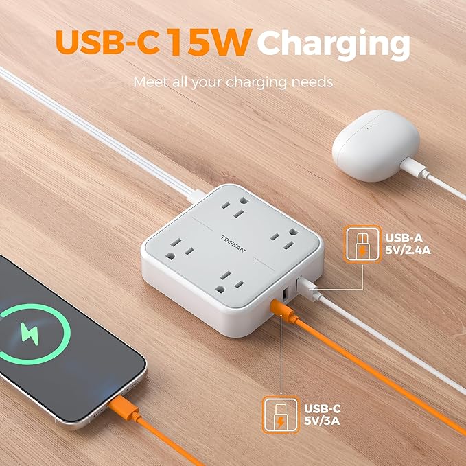 TESSAN Surge Protector Flat Extension Cord 5Ft, Ring Plug Power Strip with 4 Outlets 3 USB Ports (1 USB C), 900 Joules Protection, Multiple Wall Outlet Extender Suitable for Home Office Dorm, Grey