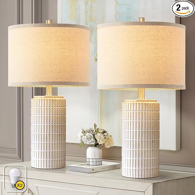 AIEAMPDO 23'' Set of 2 Modern Ceramic Table Lamps for Living Room Bedroom, Nightstand Farmhouse Beige White Desk Lamp for Bedside End Table Entryway, 2 LED Bulbs Included