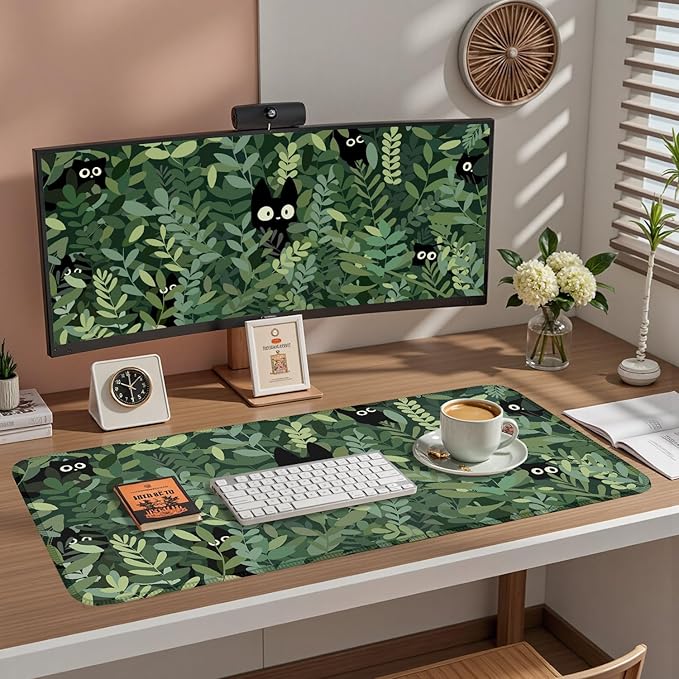 Kawaii Cat Mouse Pad Xl-31.5x15.7in-Anime Black Cat Green Plant Desk Mat Pad-Extended Aesthetic Keyboard Mouse Pad-for Desk Kid Girl with Stitched Edges Non-Slip Cozy Office Decor