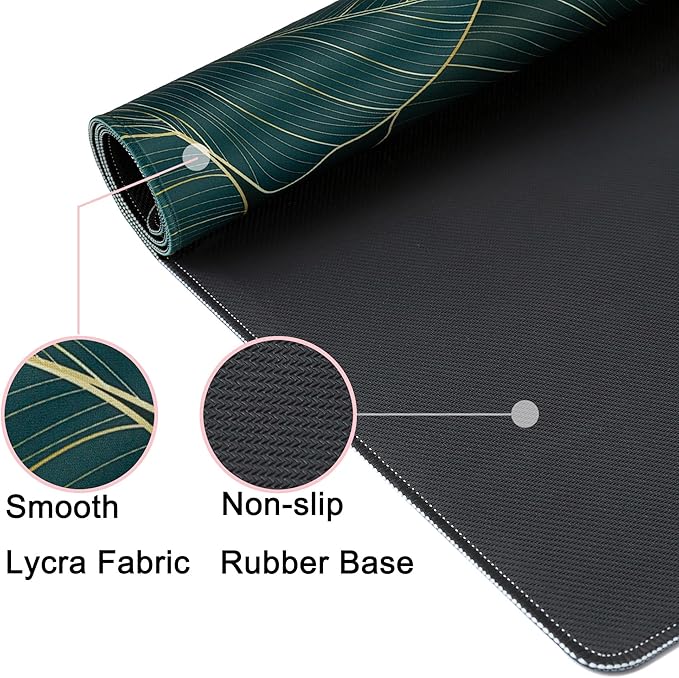 Desk Mat,Large Mouse Pad 35''×15.6'' XXL Extended Gaming Mouse Pad Mat with Non-Slip Base Stitched Eges Mousepad for Computer,Office,Keyboard and Laptop - Green Leaves